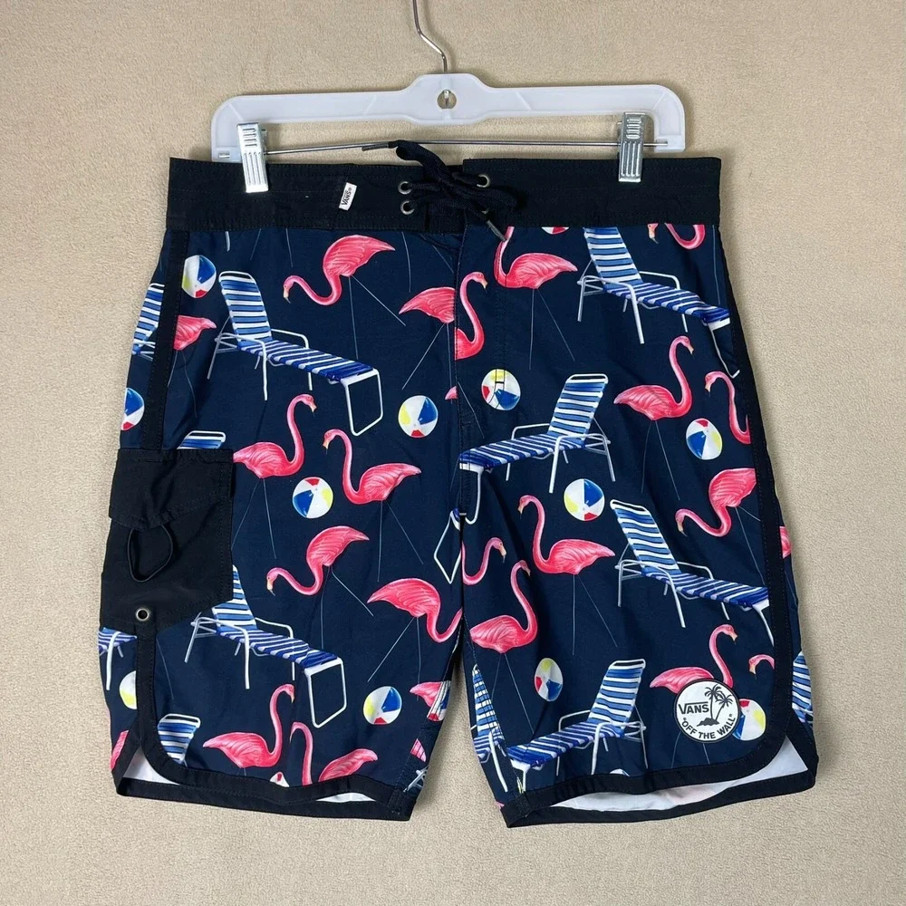 Vans Board Shorts Mens 30 Flamingo Beach Print Navy Blue Stretch EUC